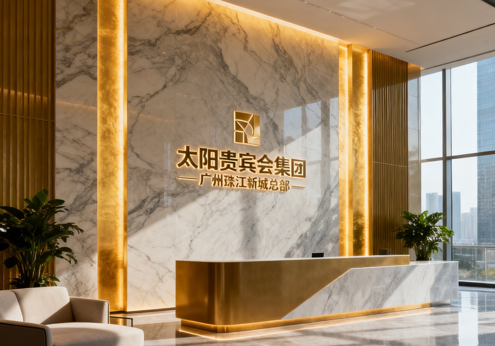 太阳贵宾会集团广州珠江新城总部前台，大理石墙面配合暖金色灯光，接待区域摆放着现代简约风格的沙发与绿植，展现高端商务气质