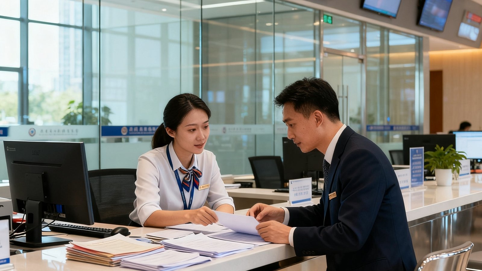 政务服务中心现代办公环境，专属顾问正在陪同企业家在窗口办理业务，桌面上摆放着整理好的文件材料，两人专注交流