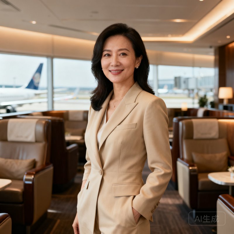 林婉清联合创始人职业装半身照，身穿米色职业套装，神态自信从容，背景为机场贵宾休息室